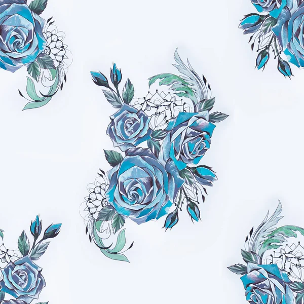 Seamless pattern of blue roses on a white background. — Stock Photo, Image