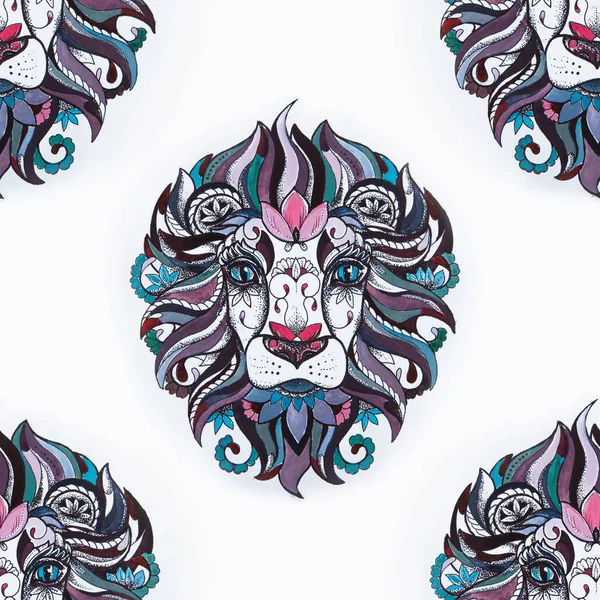 Seamless pattern of a lion head on a white background.