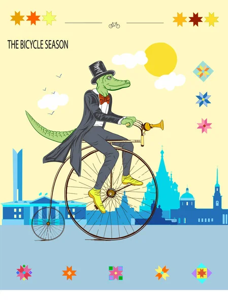 Un cocodrilo en bicicleta pasea por una hermosa ciudad durante el día . — Archivo Imágenes Vectoriales