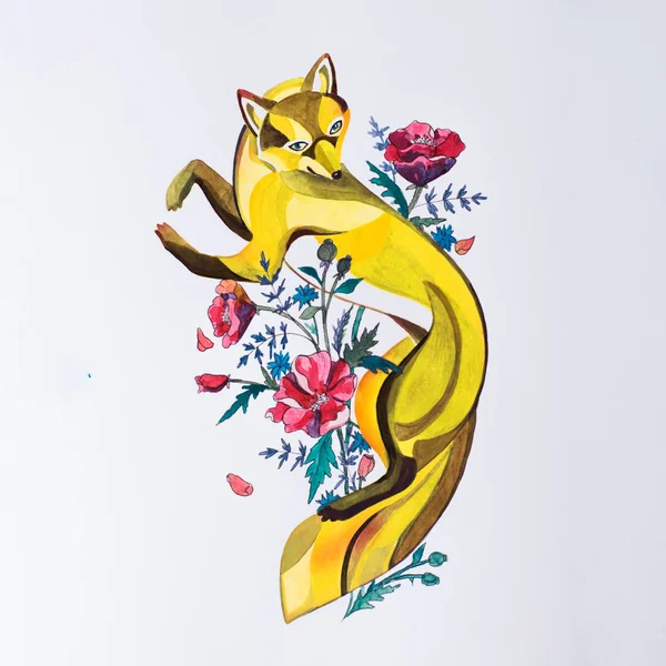 Σκίτσο της αλεπούς στα λουλούδια σε λευκό φόντο. — Φωτογραφία Αρχείου