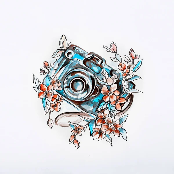 Sketch Camera in beautiful flowers in watercolor. — Stock Photo, Image