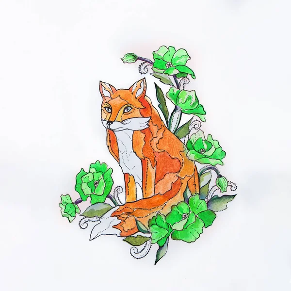 Sketch foxes in the flowers on a white background. — Stock Photo, Image