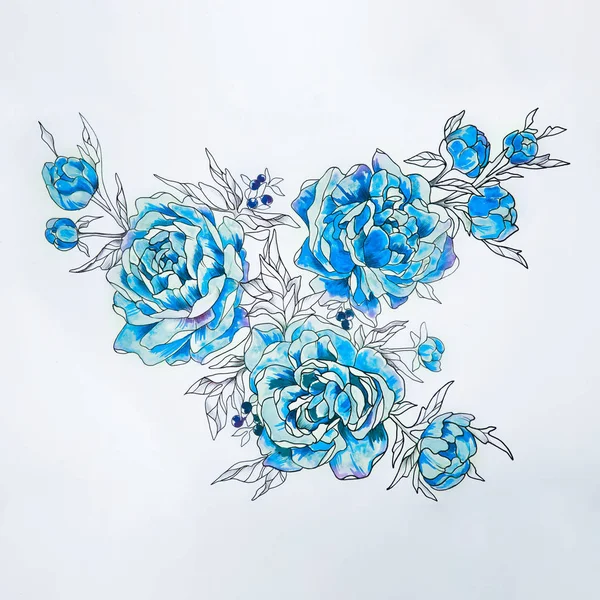 Sketch of a beautiful branch of blue peonies on a white background.