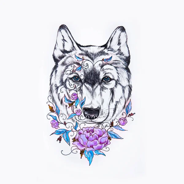 Sketch of wolf head and purple peony on white background. — Stock Photo, Image