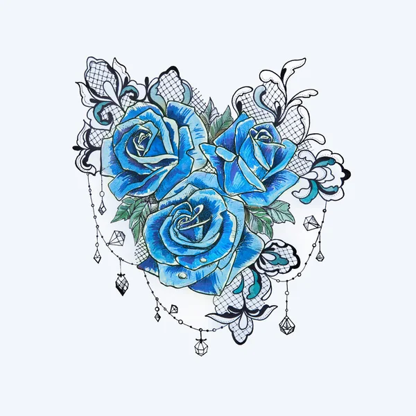 Esquisse d'un beau bouquet de roses bleues sur fond blanc . — Photo