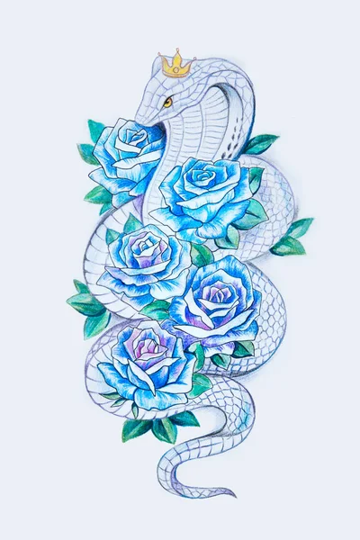 A sketch of a beautiful snake with blue roses on a white background. — Stock Photo, Image