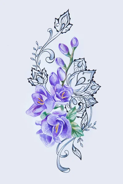 Un croquis d'une belle freesia violette avec des motifs sur un fond blanc . — Photo