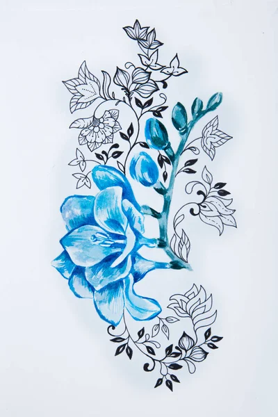 A sketch of a beautiful blue freesia with patterns on a white background. — Stock Photo, Image