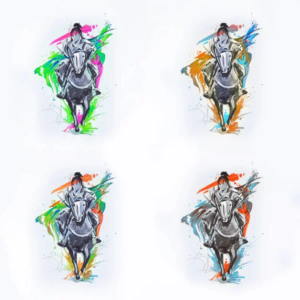 A set of sketches of a Japanese rider on a white background. — Stock Photo, Image