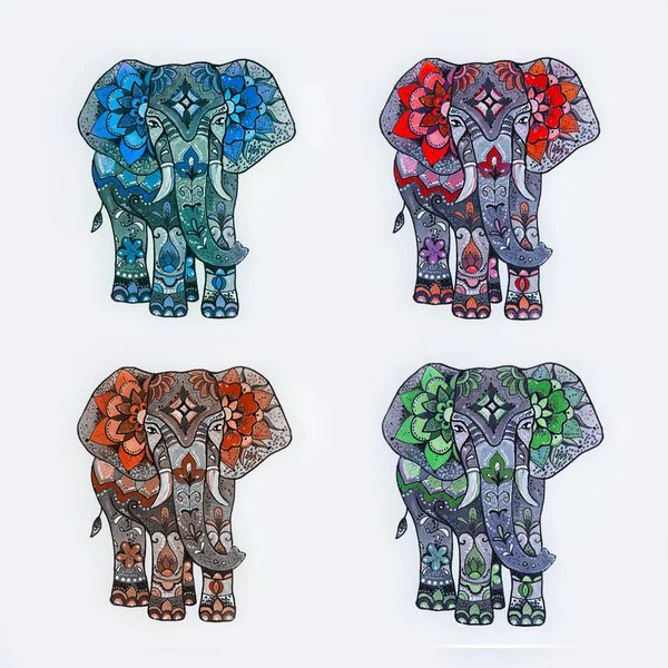Conjunto de bocetos de elefante con motivos florales sobre fondo blanco . — Foto de Stock