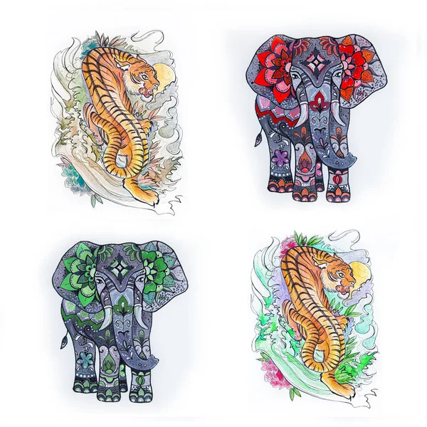 Conjunto de bocetos elefante con patrones y tigre japonés sobre fondo blanco . — Foto de Stock
