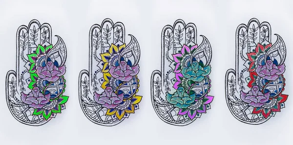 Ensemble de croquis de hamsa multicolore sur fond blanc . — Photo