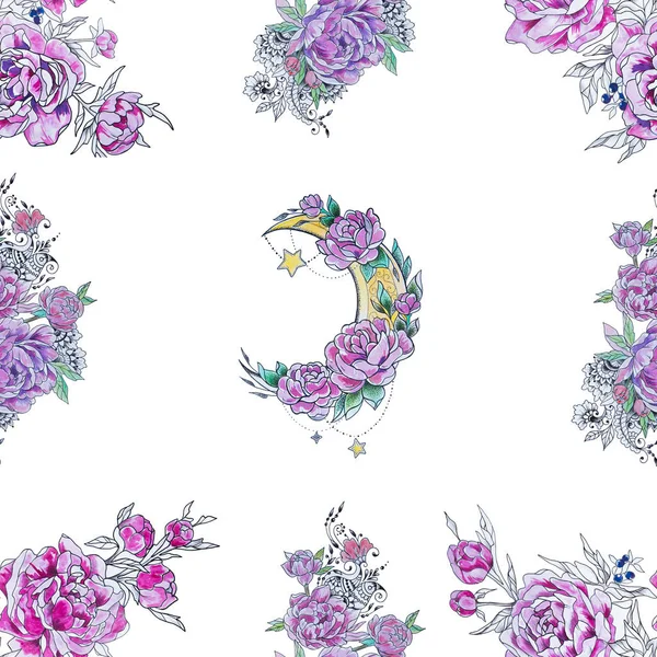 Seamless crescent pattern in flowers and peonies on a white background. — Stock Photo, Image