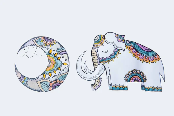 Schizzo della luna e dell'elefante su sfondo bianco . — Foto Stock