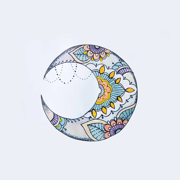 Um esboço de uma bela lua em padrões em um fundo branco . — Fotografia de Stock