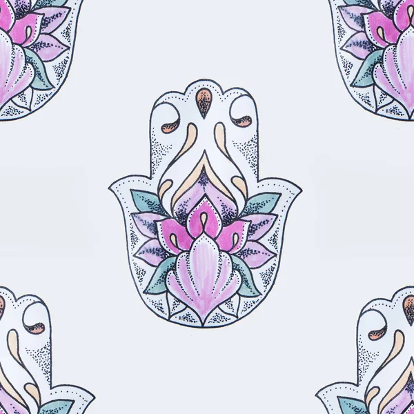 Seamless pattern of hamsa in flowers on a white background. — Stock Photo, Image