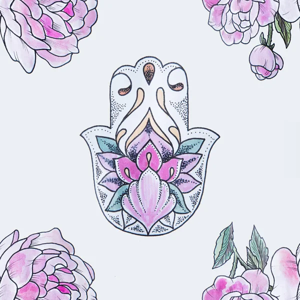 Seamless pattern of hamsa in flowers in peony on a white background. — Stock Photo, Image