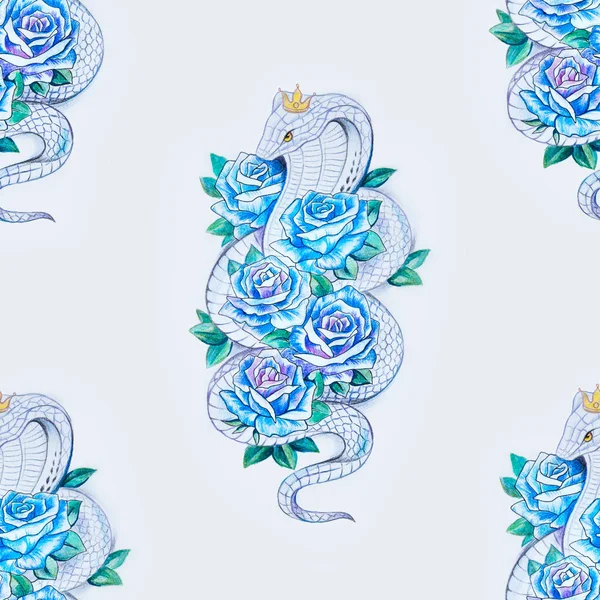 Beyaz zemin üzerinde mavi güller içinde güzel bir yılan seamless modeli. — Stok fotoğraf