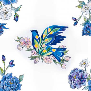 Beyaz zemin üzerine çiçek ve dalları peonies ile sorunsuz çizim güvercin.