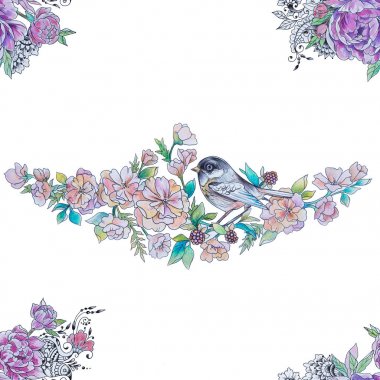 Bir kuş sorunsuz çizim beyaz zemin üzerine çiçekli dal.