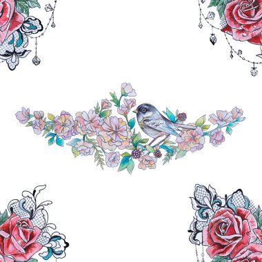 Bir kuş sorunsuz çizim beyaz zemin üzerine çiçekli dal.