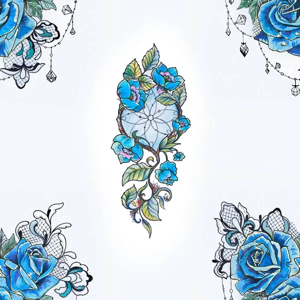 흰색 배경에 원활한 패턴 악마와 파란 장미. — 스톡 사진