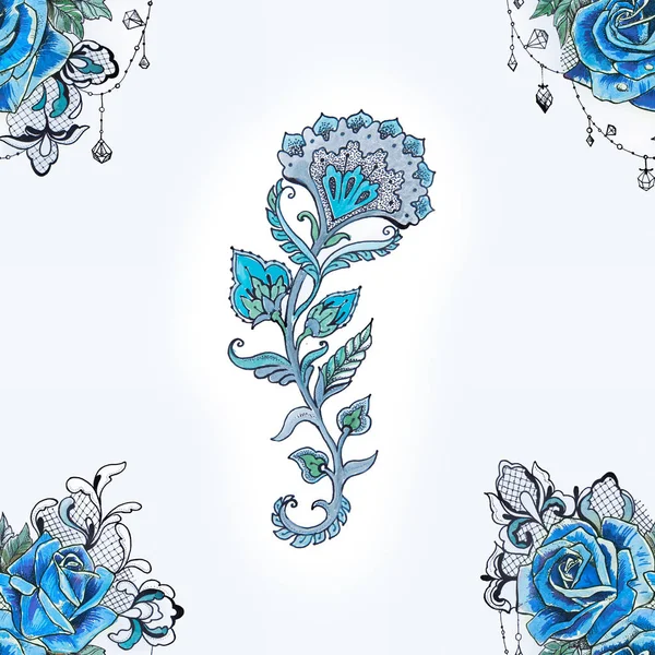 Bir mavi çiçek ve şube gül beyaz bir arka plan üzerinde ile Seamless Modeli. — Stok fotoğraf