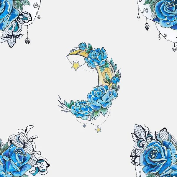 Seamless pattern crescent in flowers and roses on a white background.
