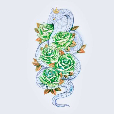 Yılan Kobra beyaz zemin üzerine yeşil Güllü taslağını.