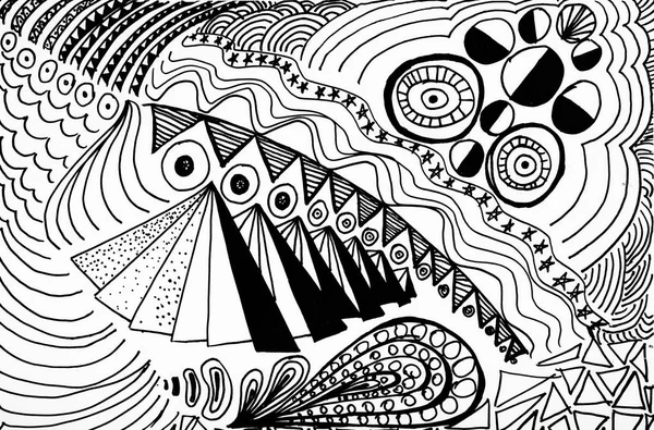 Black and white abstract drawing. Drawing a fish, a pyramid and eyes.