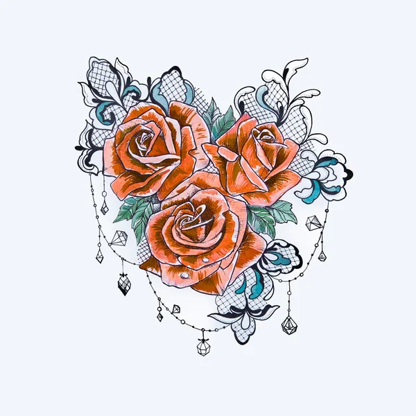 Рисунок ветки с оранжевыми розами на белом фоне . — стоковое фото
