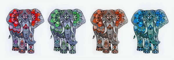 Set of sketches of an elephant with patterns from flowers on a white background. — Stock Photo, Image