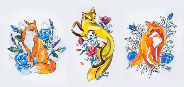 Набір ескізів трьох лисиць у квітах на білому тлі . — стокове фото