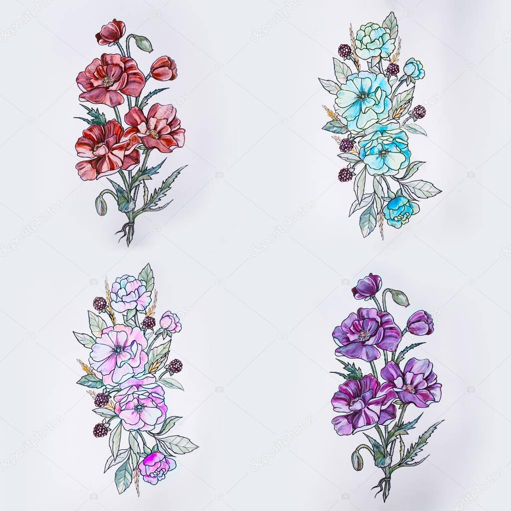 Set of sketches of colorful flowers on a white background.