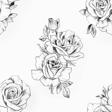 Beyaz bir arka plan üzerinde siyah beyaz bir gül seamless modeli.