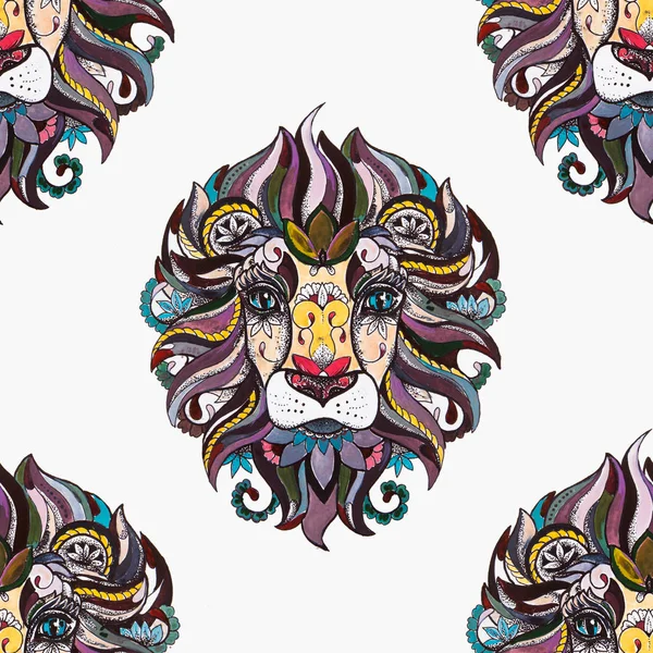 Seamless pattern of beautiful lion head in flowers on a white background.