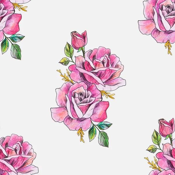 Seamless pattern of a branch of red roses on a white background. — Stock Photo, Image