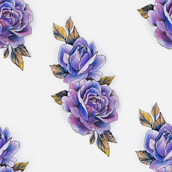 Seamless pattern of a branch of violet roses on a white background. — Stock Photo, Image