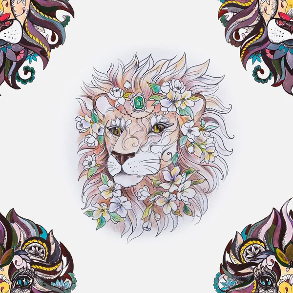 Seamless pattern of beautiful lion head in flowers on a white background.