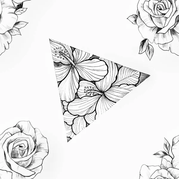 Seamless pattern of a triangle in flowers and roses on a white background. — Stock Photo, Image