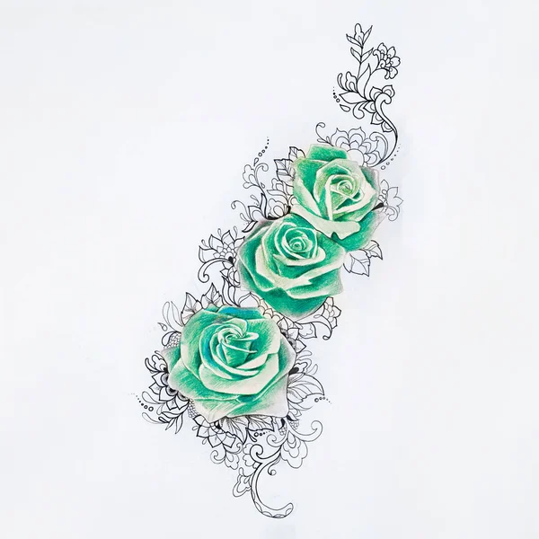 Эскиз красивых зеленых роз с узорами на белом фоне . — стоковое фото