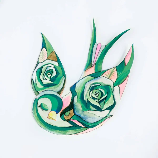 Croquis d'un oiseau vert avec des fleurs sur fond blanc . — Photo