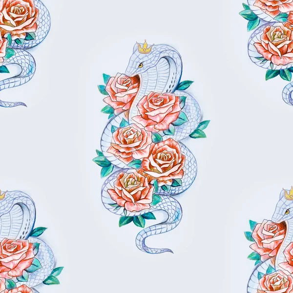 Χωρίς ραφή πρότυπο της cobra στα τριαντάφυλλα σε λευκό φόντο. — Φωτογραφία Αρχείου
