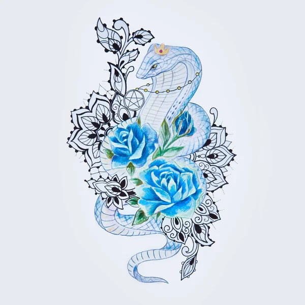 Ескіз зміїної кобри з синіми квітами на білому тлі . — стокове фото