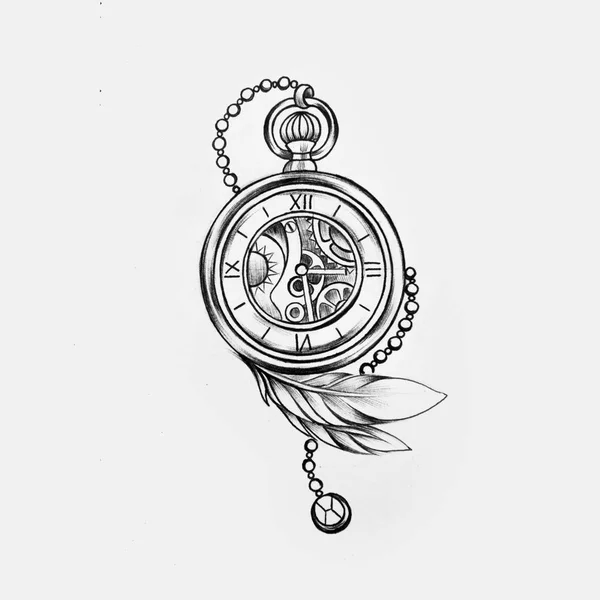 흰색 바탕에 펜으로 아름 다운 시계의 스케치. — 스톡 사진