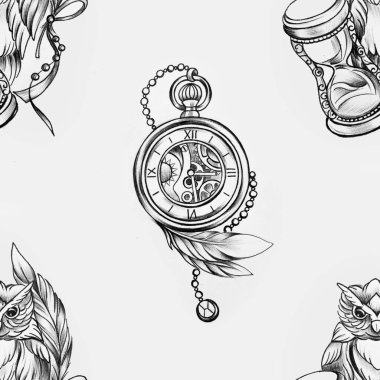 Bir Bilge Baykuş ve beyaz bir arka plan üzerinde saat seamless modeli.