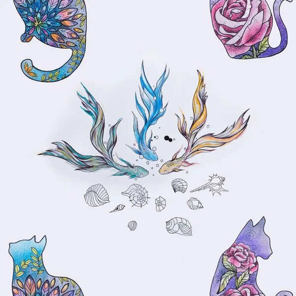 Jednolity wzór trzy piękne małe ryby i koty na białym tle. — Zdjęcie stockowe