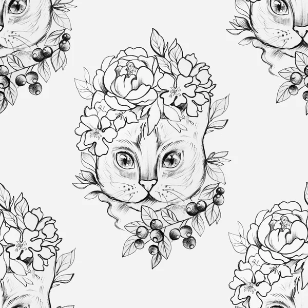Nahtlose Zeichnung eines Katzenkopfes in wunderschönen Blumen auf weißem Hintergrund. — Stockfoto