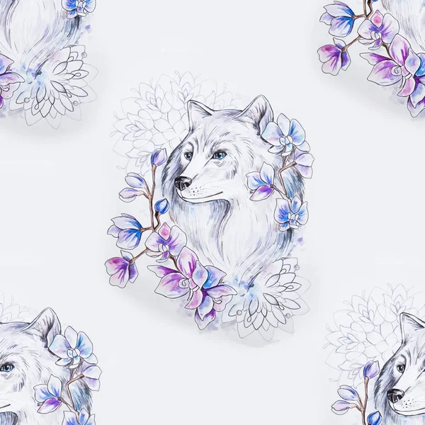 Χωρίς ραφή πρότυπο του λύκου όμορφα λουλούδια σε λευκό φόντο. — Φωτογραφία Αρχείου