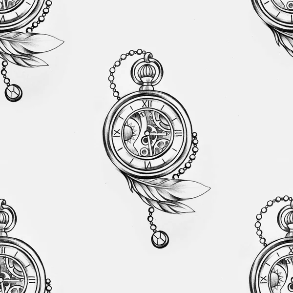Безшовний візерунок мудрої сови та годинника на білому тлі . — стокове фото